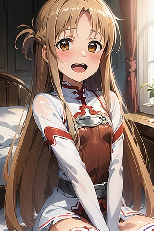 ((Highest quality)), ((masterpiece)), (be familiar with), Perfect Face, indoor, Bedroom, Watching the audience,
One woman, Yuuki Asuna,
Open Mouth, Ecstatic expression, blush, smile,
Small breasts, Flat Chest, , , child, Girl,
Long Hair, Long Hair,
Leg spread,