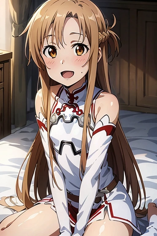 ((Highest quality)), ((masterpiece)), (be familiar with), Perfect Face, indoor, Bedroom, Watching the audience,
One woman, Yuuki Asuna,
Open Mouth, Ecstatic expression, blush, smile,
Small breasts, Flat Chest, , , child, Girl,
Long Hair, Long Hair,
Leg spread,