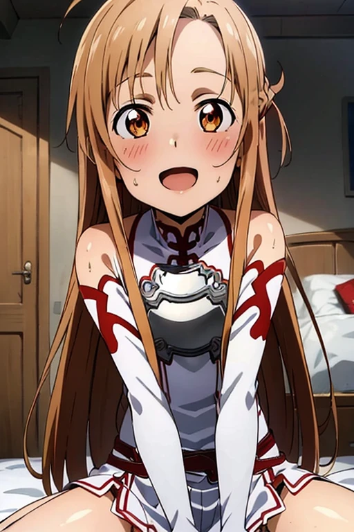 ((Highest quality)), ((masterpiece)), (be familiar with), Perfect Face, indoor, Bedroom, Watching the audience,
One woman, Yuuki Asuna,
Open Mouth, Ecstatic expression, blush, smile,
Small breasts, Flat Chest, , , child, Girl,
Long Hair, Long Hair,
Leg spread,