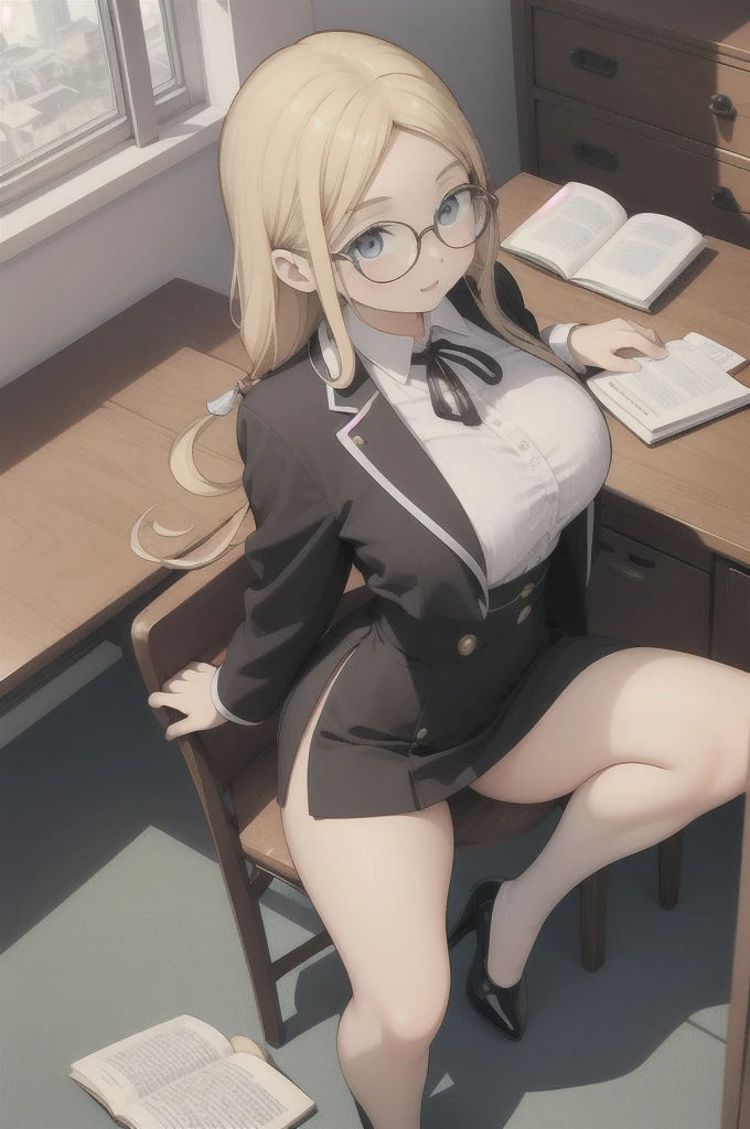 (work of art, best qualityer), 1 girl, standing alone, mature woman, shorth hair , long braided hair low, Blonde wavy hair yellow eyes, parted bangs, side locks, large and drooping breasts, long eyelashes, square glasses with black frames, white formal shirts red blazer , black ribbon around the neck, high waist black skirt, below the bust, looking ahead at viewer, light blush, parted lips, drlight smile, see through, desk , shelf, tabletop, chair, window, lightrays, light particles, sitting down, on chair, open the book, trunk, From  above, sexually suggestive, beautiful legs high heels black stockings 