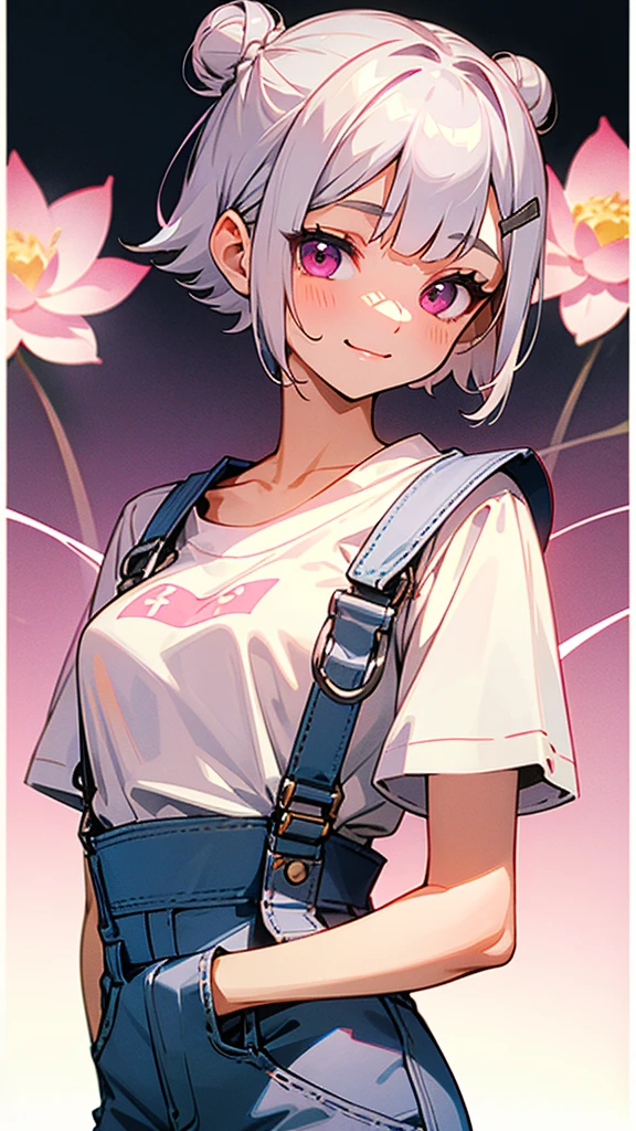 High school girls、Short silver bob hair tied in a bun with a hair clip, Pink Eyes、White T-shirt、 Overalls、Shorts、smile、Side body、Lotus flower