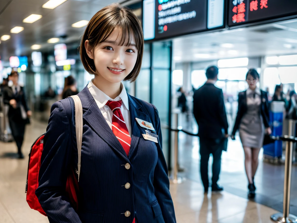 (elevation)(Stewardess Uniform)Mix 4,Very detailedな (8k, RAW Photos, 最high quality, masterpiece: 1.45), (Realistic, Realistic: 1.37), （Ultra-high resolution）（Textured skin）（Very detailed）（high quality）（最high quality）（First Person View）Cute Woman,smile ,airport,short hair、Full body projection