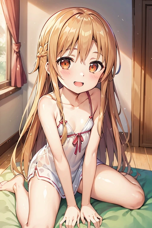 ((Highest quality)), ((masterpiece)), (be familiar with), Perfect Face, indoor, Bedroom, Watching the audience,
One woman, Yuuki Asuna,
Open Mouth, Ecstatic expression, blush, smile,
Small breasts, Flat Chest, , , child, Girl,
Long Hair, Long Hair,
Leg spread,