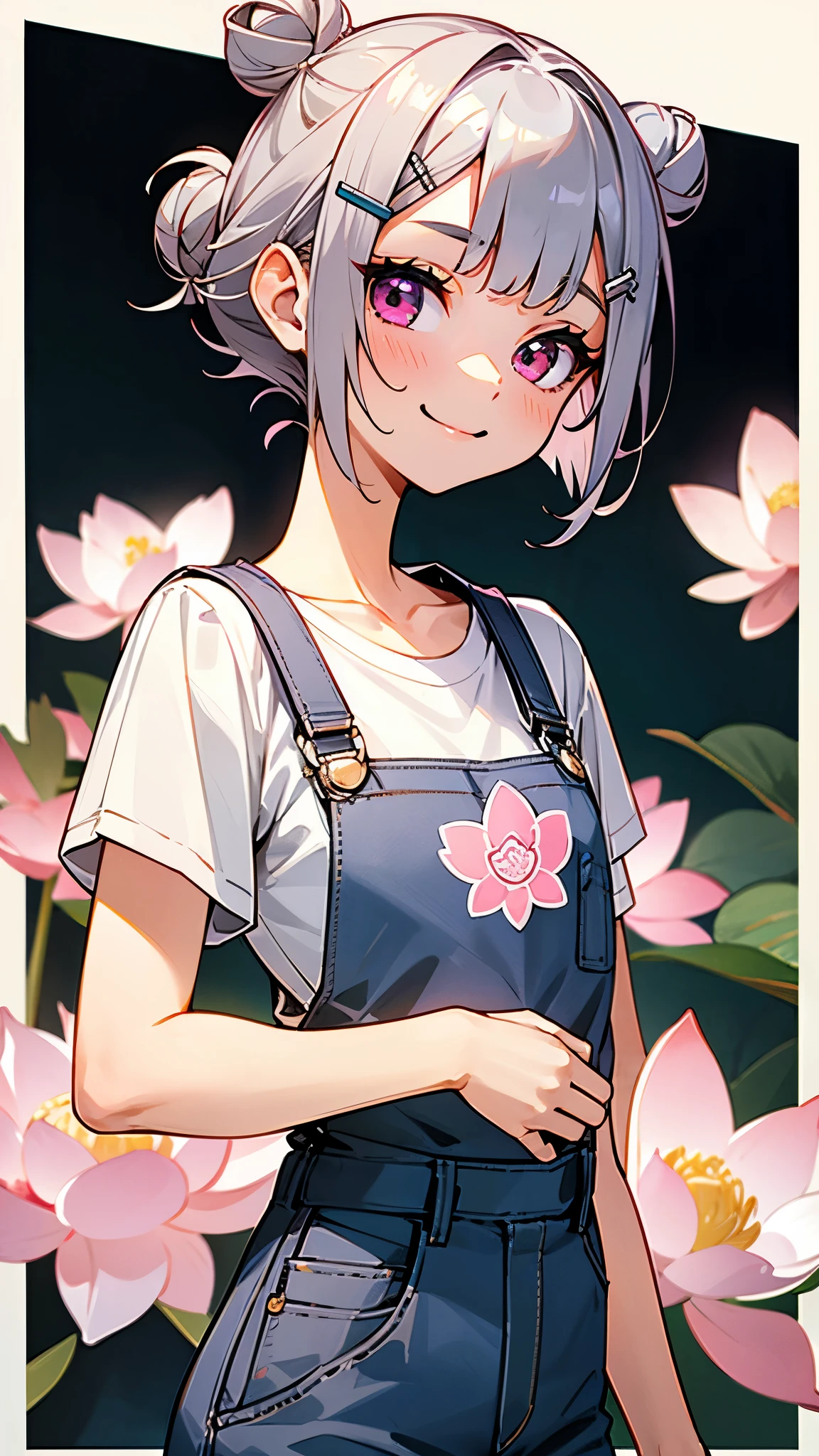 High school girls、Short silver bob hair tied in a bun with a hair clip, Pink Eyes、White T-shirt、 Overalls、Shorts、smile、Side body、Lotus flower