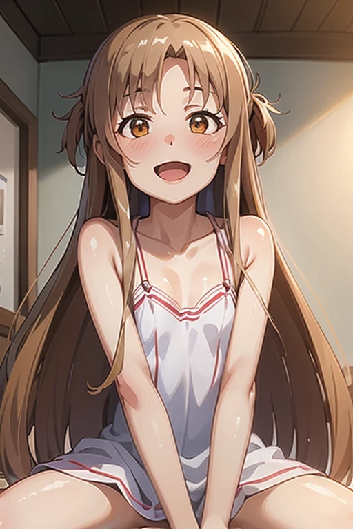 ((Highest quality)), ((masterpiece)), (be familiar with), Perfect Face, indoor, Bedroom, Watching the audience,
One woman, Yuuki Asuna,
Open Mouth, Ecstatic expression, blush, smile,
Small breasts, Flat Chest, , , child, Girl,
Long Hair, Long Hair,
Leg spread,