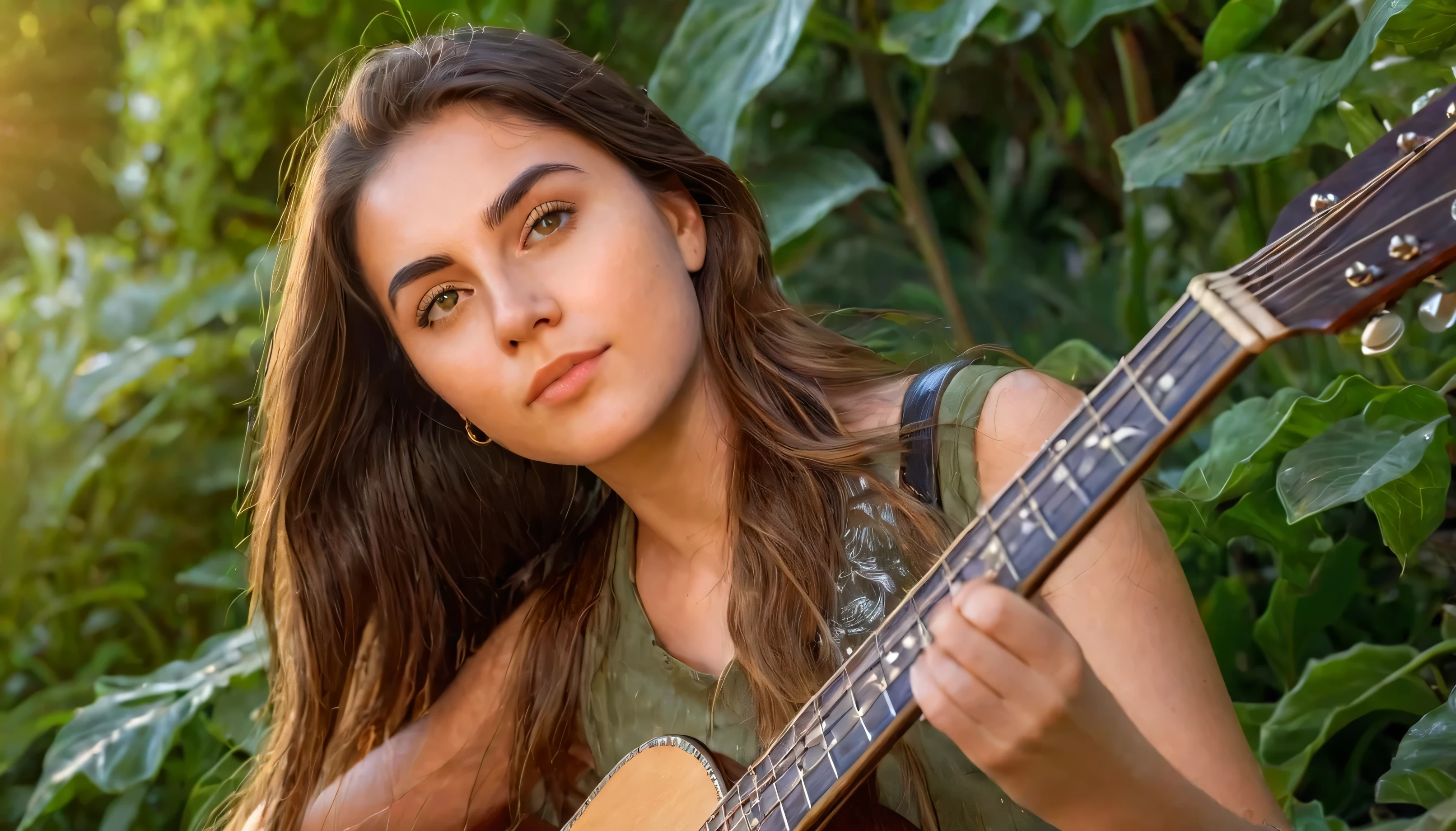 a beautiful young woman playing guitar, detailed face and eyes, long hair, serene expression, picturesque outdoor setting, lush green foliage, sunlight filtering through the leaves, warm color tones, soft focus, highly detailed, photorealistic, 8k, masterpiece, moon, night