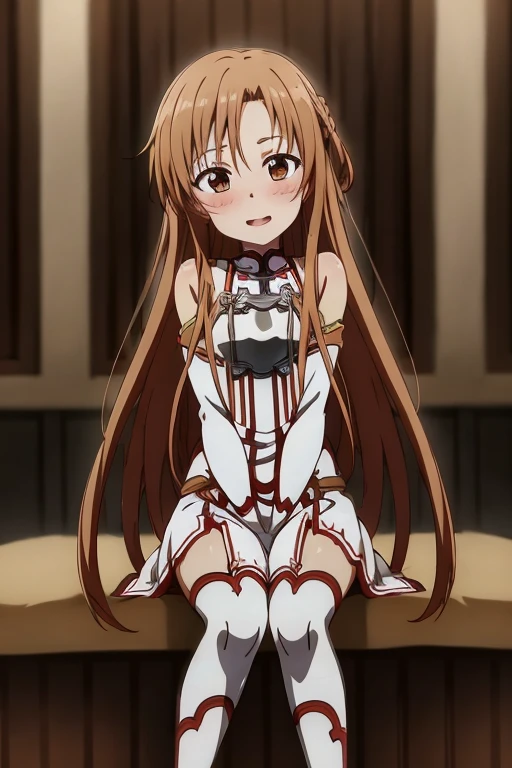 ((Highest quality)), ((masterpiece)), (be familiar with), Perfect Face, indoor, Bedroom, Watching the audience,
One woman, Yuuki Asuna,
Open Mouth, Ecstatic expression, blush, smile,
Small breasts, Flat Chest, , , child, Girl,
Long Hair, Long Hair,
Leg spread,