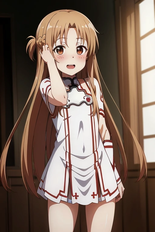 ((Highest quality)), ((masterpiece)), (be familiar with), Perfect Face, indoor, Bedroom, Watching the audience,
One woman, Yuuki Asuna,
Open Mouth, Ecstatic expression, blush, smile,
Small breasts, Flat Chest, , , child, Girl,
Long Hair, Long Hair,
Leg spread,