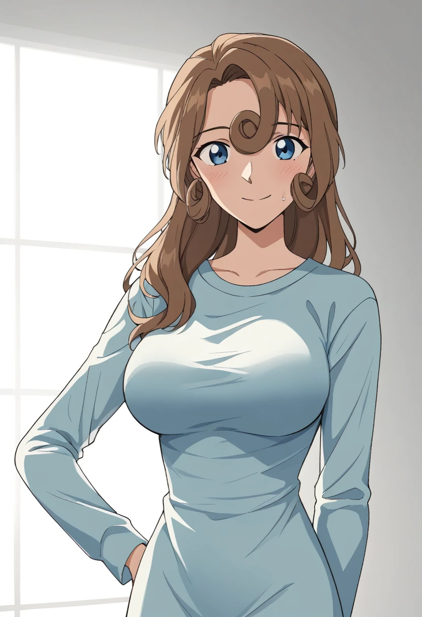 Huge breasts、blush、Sweat、In the heat、smile、One Girl, alone, Brown Hair, blue eyes, Curled bangs、Long Hair, smile,Shut your mouth., Argyle, (close your eyes:1.5)、
{Highest quality}, {so beautiful}, {Very detailed}, {Best illustrations},Life、slim:1.5、、Are standing、T-shirt long maxi dress、Long sleeve