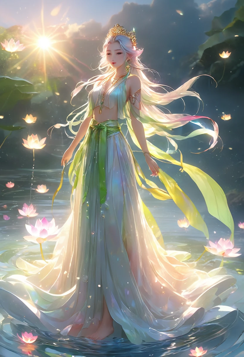 (((Beautiful goddess)))，Standing barefoot on a large lotus in the water，（（（The skin is green））），hand seal，crown，necklace，Yingluo，The ribbon flutters on him，Beautiful and delicate facial features，rosy, Smooth and delicate skin，Shoulder-length hair，barefoot，Perfect hands，Perfect feet，There is a circle of light behind the body，Full body front lighting，Radiant body，There are no shadows on the body，Clear skies，Rainbow in the sky，The wind blows the skirt，Characters shine，Depth and spatial hierarchy，Bright sky，glow，flame，Clean picture background、flat，Unique perspective，masterpiece，lifelike，Professional photography