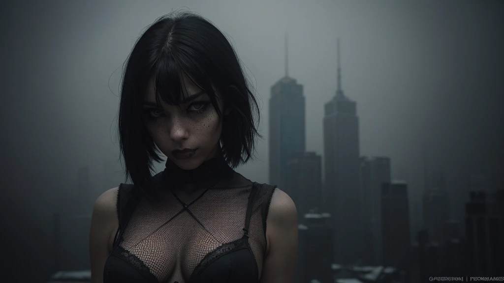 (Best Quality,hight resolution,Masterpiece, half body shot:1.2),Ultra-detailed,woman dressed in black bra and thong,sickly,standing on the rooftop of a skyscraper in a cold snowy city, she's wearing very sexy lingerie, foggy and cold east europe city in the background, high waisted thong, noir cyberpunk, perfect body, cold atmosphere, sci fi aesthetic, fishnet stockings and lingerie, centered subject,gloomy ecstasy,fetish,dark gloomy atmosphere, creepy atmosphere, gritty texture,Retro-atmosphere,warped reality,melancholic expression on his face,mysterious aura,foggy atmosphere,foggy background,Subtle color palette,provocative pose,Strong emotions,Coming Out of the Depths of Despair,Piercing gaze,intense shadows,Plunged in Darkness,dark industrial aesthetic,ominous vibe,A supernatural sensation,Loss of Place in Time and Space,Eerie silence.asymmetrical bangs, freckles, black short hair, Bangs, freckles, gray eyes, revelador corporal- costas bumbum
