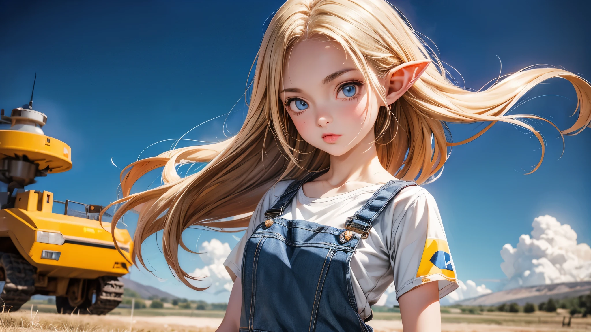 ((Masterpiece)), (Anime:1.5), ((best quality)), (RAW photo:1.2), (High Definition:1.3), (Professional Photography:1.2), (), (1girl), cute young girl, BREAK, (naughty face:1.3), (Beautiful daiamond eyes:1.5), (pale skin), elf girl, wearing Gray Workwear Coveralls, flat chest, slender waist, BREAK, (hair over eyes:1.2), Silky hair, medium hair, ((blond hair)), wearing Gray Workwear Coveralls, (at a military base among military equipment), ((full length image of a girl):1.5), ((low-cut neckline)), (open clothing in the chest area), ((Ukrainian flag on the background in the field)), Ukrainian flag on a flagpole, full length image of a girl, slender legs, Military drones in the sky