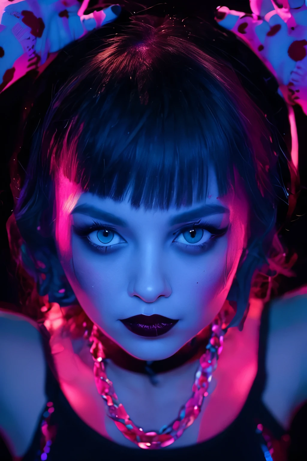 beautiful glam Rocket girl with Nordic features, upturned nose, blue eyes, red lipstick, leopard print T-shirt with wide neckline and transparent parts, chains, spike, fishnet leggings revealing a pink leopard print thong, eyes looking up, top view. (((dark ambient, colorful lighting))). 