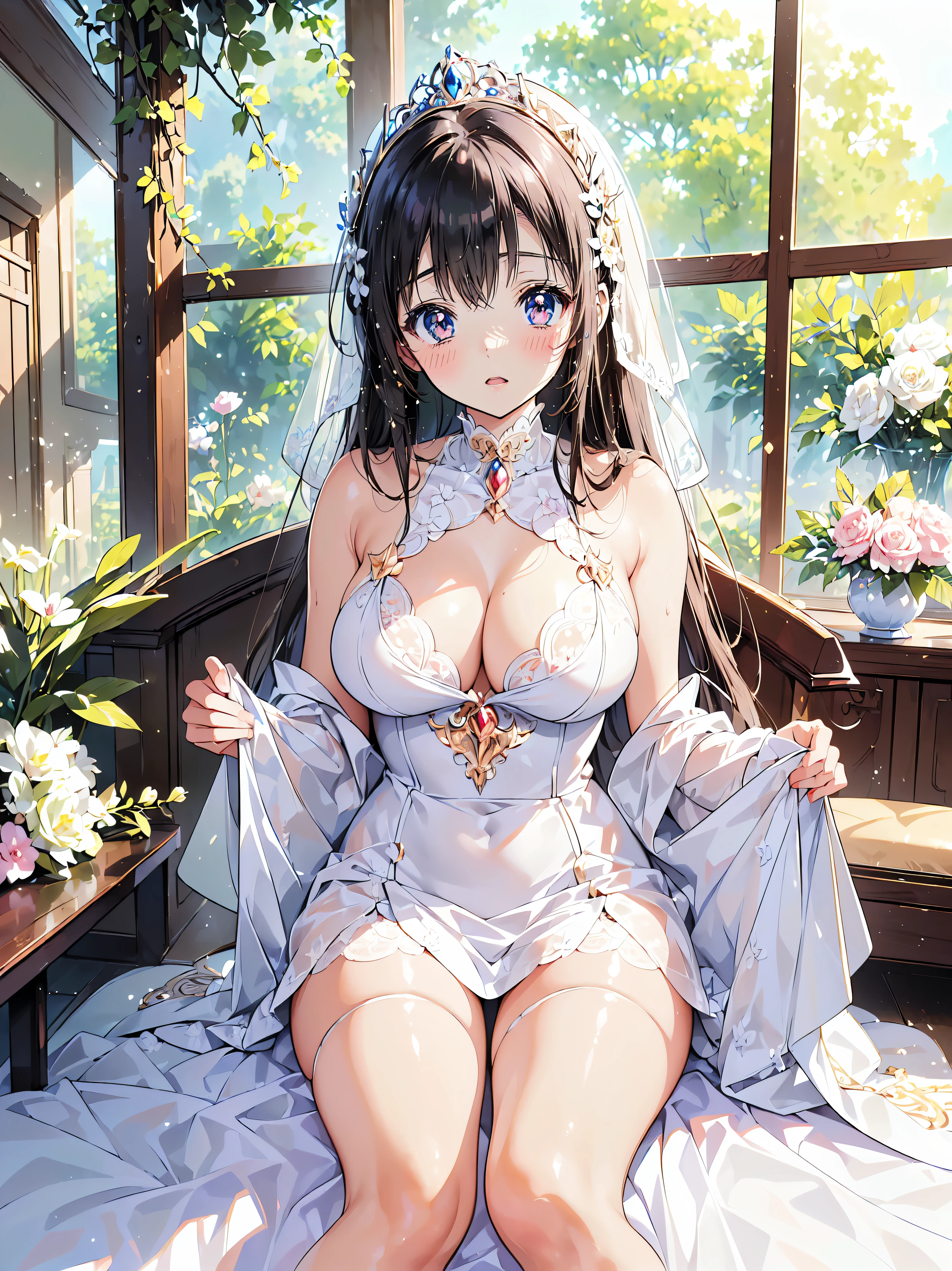 (((ultra detailed))), (((exquisite quality))), (((absolutely resolution))), (solo princess), Ultra luxurious dress, Ultra precise and uniquely complex structure, multilayer lace with super complex and difficult structure, Rich texture, huge breasts, (((blush, embarrassed))), super detailed skin, super delicate face, caustics, lens flare, (anime moe art style:1.3), 