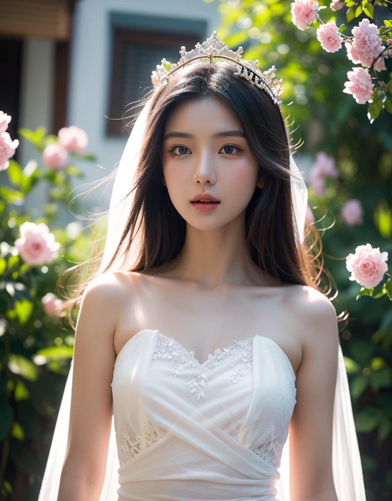 a beautiful young asian woman with long flowing white hair, delicate pointed ears, striking blue eyes, crown of majestic ram horns adorned with small delicate pink flowers, pristine white gown made of sheer flowing fabric with intricate lace details, soft diffused lighting, best quality, 4k, 8k, highres, masterpiece, ultra-detailed, realistic, photorealistic, photo-realistic, extremely detailed eyes and face, long eyelashes, digital painting, cinematic lighting, dramatic shadows, ethereal, magical, fantasy, whimsical