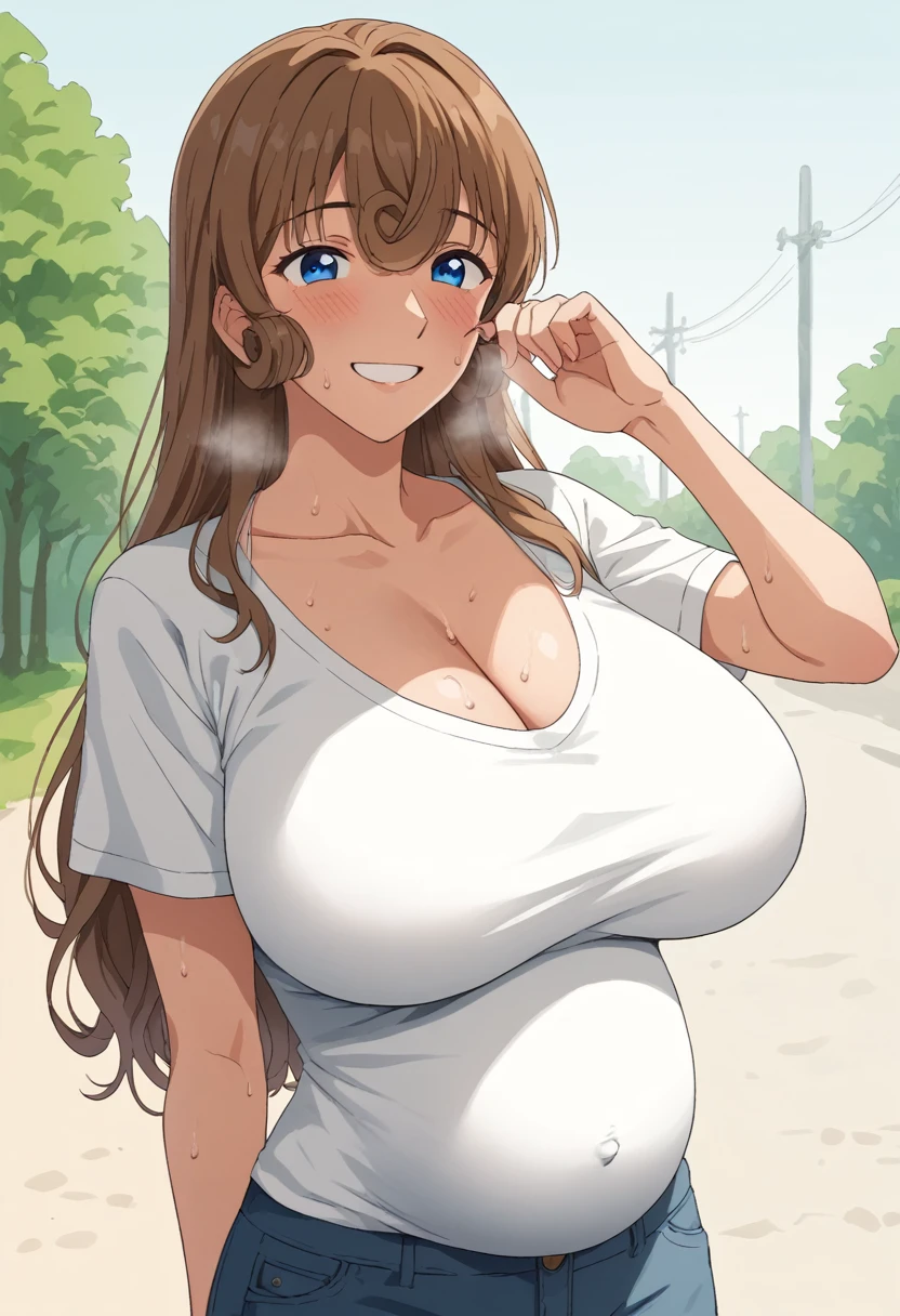 Huge breasts:1.5、A bulge in her chest that seems to burst out of her clothes、Bursting Busty、blush、Sweat、In the heat、smile、One Girl, alone, Brown Hair, blue eyes, Curled bangs、Long Hair, smile,Shut your mouth., Argyle, (目を閉じてsmile:1.5)、Mature Woman、
{Highest quality}, {so beautiful}, {Very detailed}, {Best illustrations},Life、slim:1.5、Are standing、T-shirt long maxi dress、Pregnant women