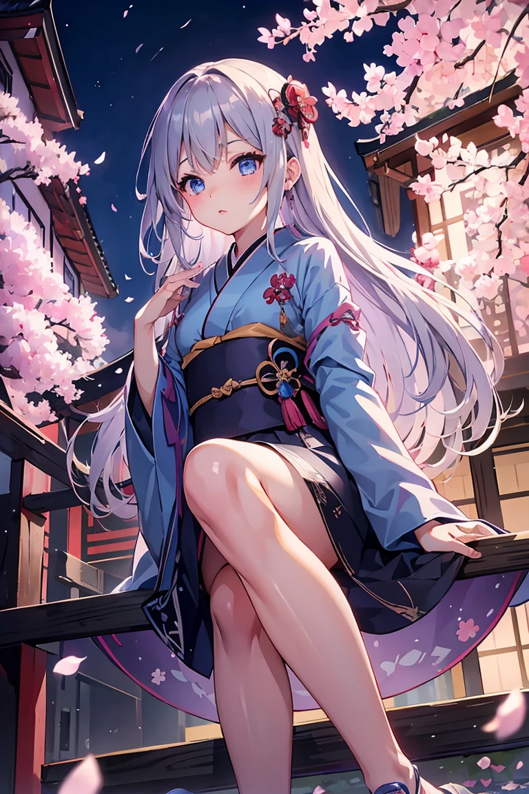 dynamic dancing moves with full of energy and movement, jumping high, full body portrait, happy expression, Japanese festival, with lively action poses, Positive Space, asymmetry, dynamic angle, A detailed illustration of an anime girl with blue eyes wearing a black kimono with Japanese patterns, wearing white cloak white shorts, black tube-top, She has white long hair tied back by a flower hair ornament, with colorful deep blue, black, pink, gold and white colors, surrounded by hexagons with various patterns and textures, Japanese Ancient bridge, happy expression, A black and white checkered pattern background surrounded by hexagons with various patterns in background, floral designs, and geometric shapes, In the background there are some sakura trees., cartoon character design, this is a full body portrait in vibrant colors, colorful illustrations, highly detailed, high resolution, in the style of digital painting, natural lighting,