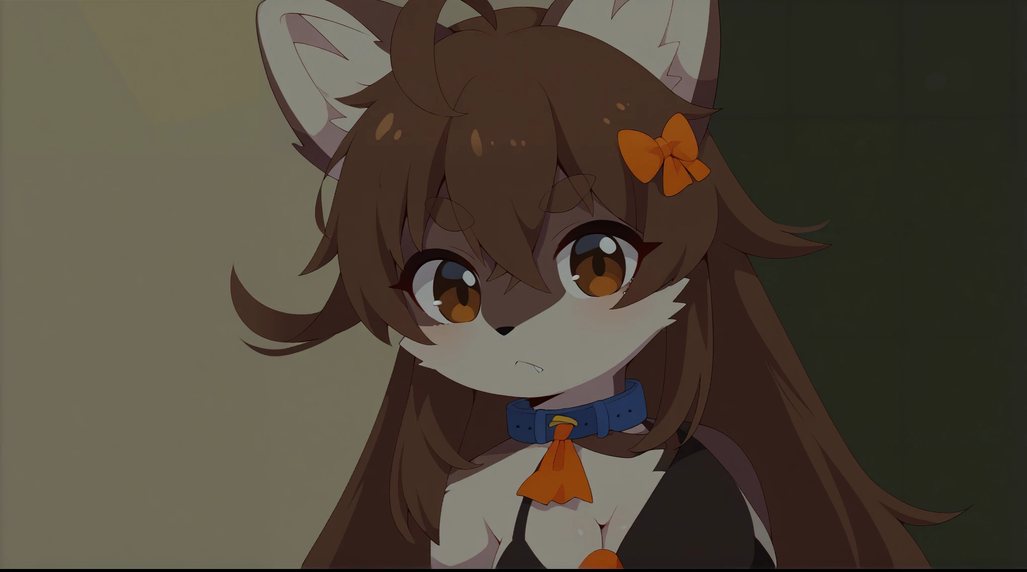 Masterpiece,high quality portrait,16k,round head,round chin,small fangs and big round eye shape:yellow/brown eyes),author:Tsu_Ji; Ookami-Chan furry female,furry,1girl,furry,furry female,Short Female Wolf,Furry Wolf,Female Wolf Kemono Head,Female Wolf Kemono Face,breasts,wolf animal ears full brown,wolf animal print,side locks,crossed bangs,,Pale Taupe brown hair,Pale Taupe brown fur,Full brown arms and hands,white under fur arms and hands,really big ahoge,furry female very long hair,Short Female Wolf,medium breasts,female wolf animal small snout nose,Female wolf pattern body fur,Female wolf long tail,white fur,wolf female brown eyes,thighs,Wolf Furry,Shortstack,wearing (ascot,orange ascot,collar,orange necktie,detached collar,),solo,alone,Manga Style,no shorts,holding {M4A1-S Rifle,2 hands on rifle,},no humans,peeking out,:3,dark,ahoge,portrait,upper body,closed mouth,close-up,straight-on,animal nose,no lineart,blending,multicolored eyes,silhouette,thick eyebrows,orange bow,