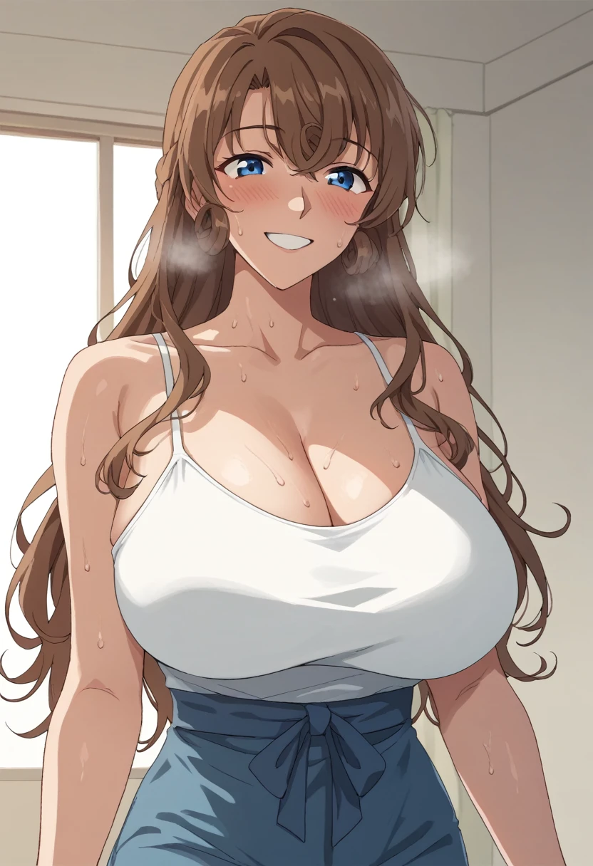 Huge breasts:1.5、A bulge in her chest that seems to burst out of her clothes、Bursting Busty、blush、Sweat、In the heat、smile、One Girl, alone, Brown Hair, blue eyes, Curled bangs、Long Hair, smile,Shut your mouth., Argyle, (目を閉じてsmile:1.5)、Mature Woman、
{Highest quality}, {so beautiful}, {Very detailed}, {Best illustrations},Life、slim:1.5、Are standing、Camisole long maxi dress