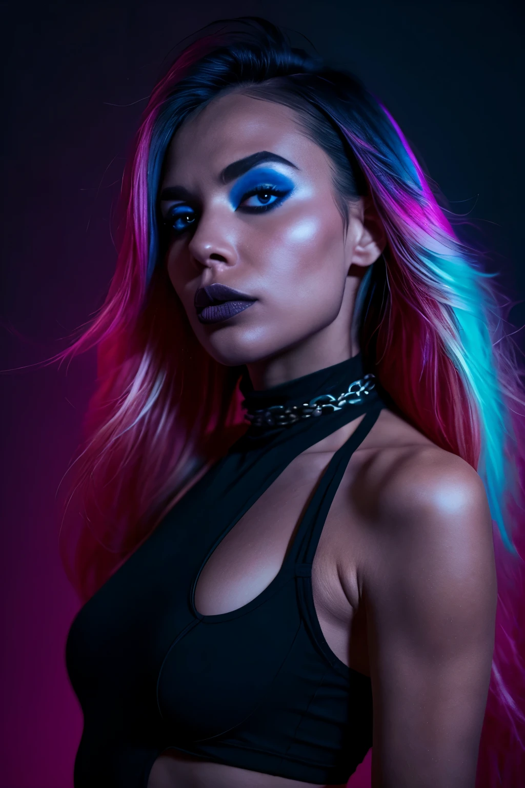 beautiful Rocket girl with Nordic features, upturned nose, wearing a Heavy metal clothes, chains, spike, fishnet leggings, eyes looking up, top view. (((dark ambient, colorful lighting))). 