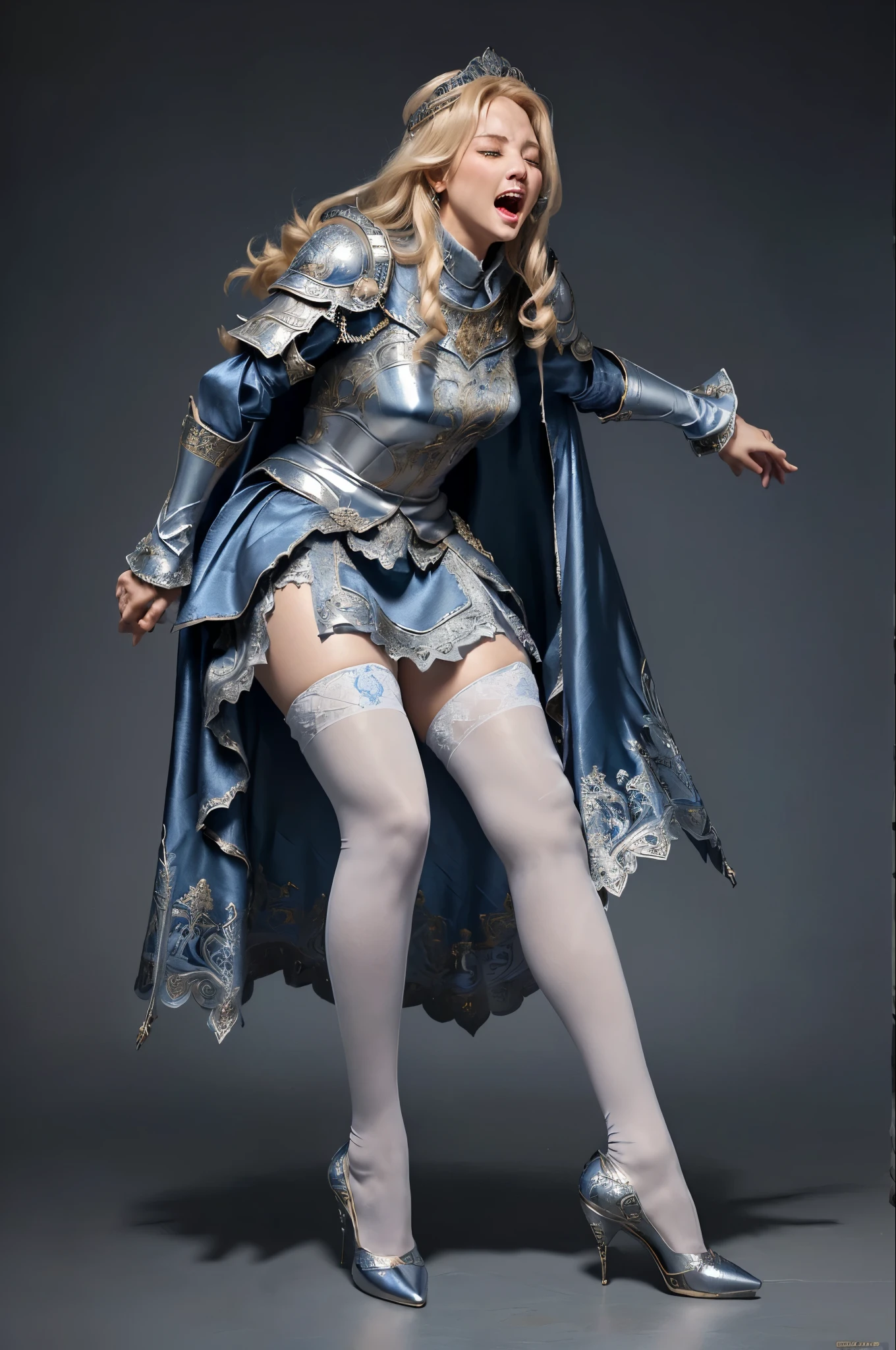 masterpiece, best quality photo, a beautiful princess knight is screaming and crying, (fancy engraved medieval metallic armor on top:1.3), (ornate silk skirt in indigo blue:1.2), (thigh high white stocking:1.3), white high-heel:1.2, light gray metal armor, (detailed facial expression:1.2), extremely beautiful, grimace, screaming, crying eyes, wide open lips:1.3, rich blonde hair:1.1, (painful screaming facial expression:1.2), dynamic pose, strongly closed eyes, ornate cape