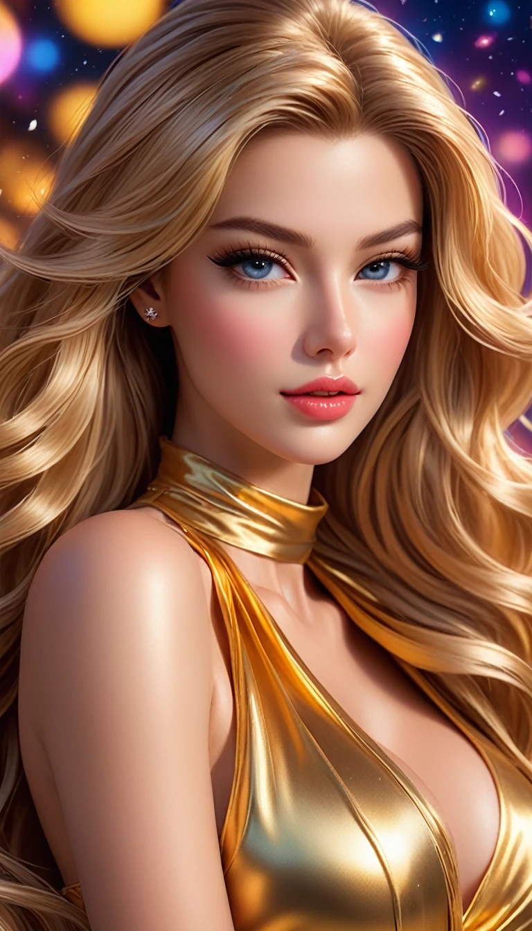 A stunning(70% French:30% American) Victoria's Secret model posing confidently. She has a slender figure,highly detailed face, detailed face, perfect proportions, well-proportioned body of six heads, huge breasts, thin waist, navel, big butt , crotch gap, large thighs,she is wearing Muga silk saree in shades of gold and cream. Muga silk is known for its golden sheen and luxurious texture, perfect for representing wealth and opulence associated with gold. The golden and cream colors reflect the brilliance and purity of gold.
She has long, straight, sleek magenta hair, a perfect face with detailed facial features, long eyelashes, double eyelids, bright colorful glittery eye makeup, and glossy teal lipstick, highly detailed face, detailed face, perfect proportions,golden ratio,hourglass figure, well-proportioned body of six heads,
The background is a luxurious, softly-lit setting, with dramatic studio 3D glamour lighting and backlighting to create a halo effect. The image is captured in ultra high definition with ultra sharp focus, highlighting every detail with vibrant colors. This production cinematic character render aims to showcase the model in a glamorous, high-fashion style. professional photoshot, incredibly beautiful woman in the form of VICTORIA'S Secret model, elegant wild beauty and attractiveness, seductiveness and inaccessibility, beautiful, photoshot for fashion magazines, sensual, ultra detailed, midjourney,Backlit,Backlight, Dramatic Studio,3D Glamour Lighting,Backlit,Backlight,front view,Long Shot,Professional Photography,midjourney