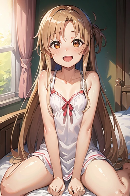 ((Highest quality)), ((masterpiece)), (be familiar with), Perfect Face, indoor, Bedroom, Watching the audience,
One woman, Yuuki Asuna,
Open Mouth, Ecstatic expression, blush, smile,
Small breasts, Flat Chest, , , child, Girl,
Long Hair, Long Hair,
Leg spread,