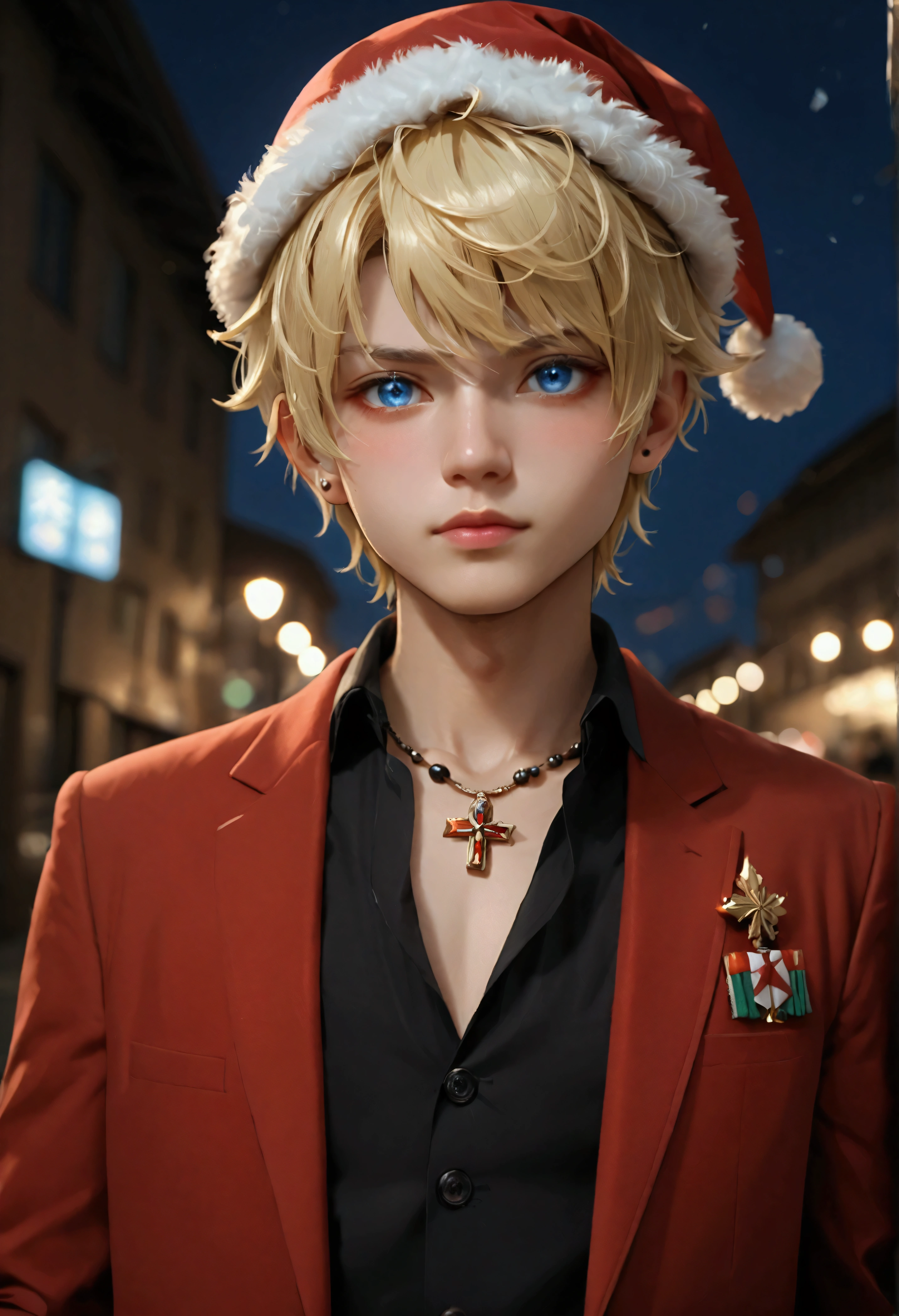 a young man holding two double bartels with a chrismast decoration on the gun and with a short blonde hair blue sharp eye and with white bangs and wearing a lester coat that is the santa claus version kita din yung nya and wearing a necklace and the name Granger is written and with background soldiers in chrismast outfits and with chrismast lights yung Baril naka tutok yung puti sa bangs nya po at yung name sa necklace medyo naka trim yung buhok yung puti sa bangs po na parang highlight palagay po