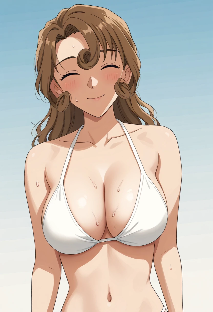 Huge breasts、blush、Sweat、In the heat、smile、One Girl, alone, Brown Hair, blue eyes, Curly bangs、Long Hair, smile,close your mouth, Argyle, (Eyes closed:1.5)、
{Highest quality}, {so beautiful}, {Very detailed}, {Best illustrations},Life、slim:1.5、White Bikini、Are standing、