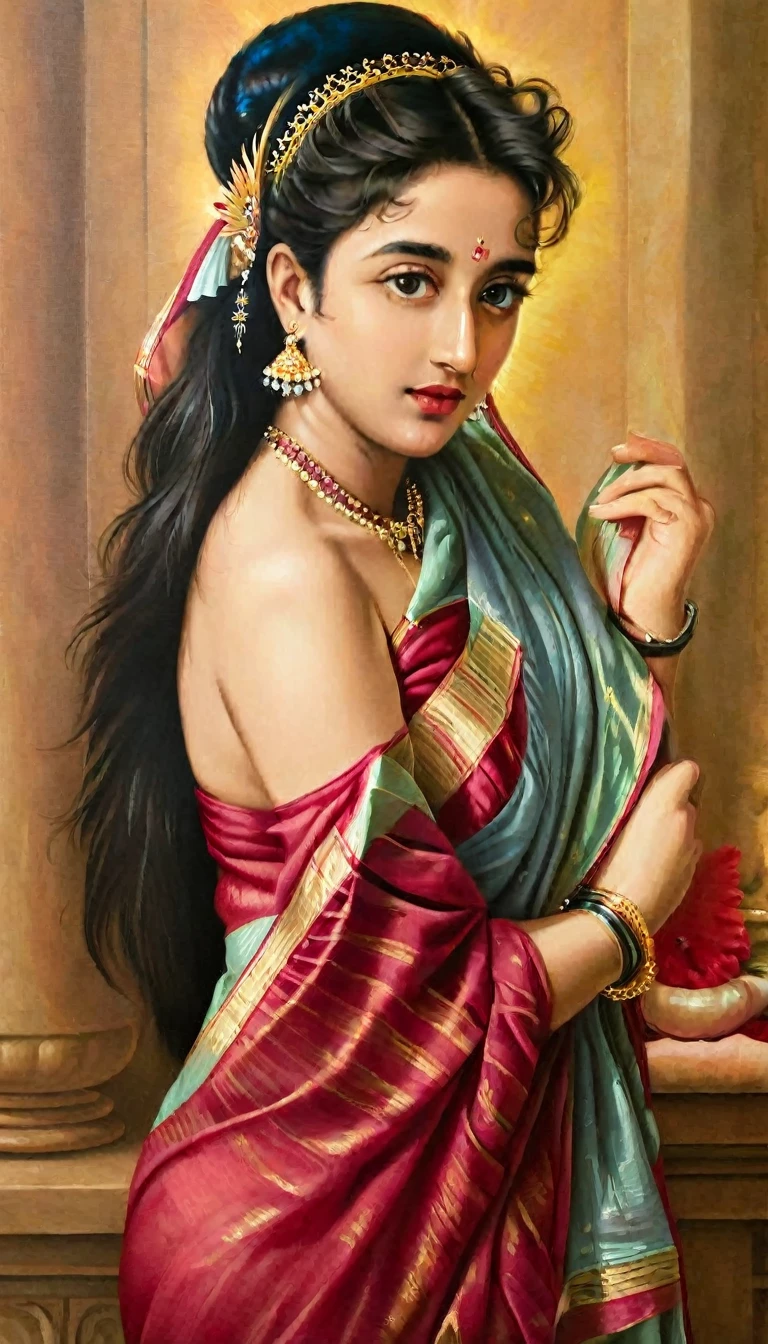 Envision a beautiful Indian woman adorned in a saree, embodying the grace of an Apsara and the dignity of a Maharani. She is a royal queen, a nymph from Hindu mythology, Urvashi, with a beauty that is unparalleled. This vision is captured in a highly detailed oil painting, inspired by the works of Peter Paul Rubens and Raja Ravi Varma. The artwork is realistic, even hyper-realistic, with micro details that create an incredible, intricate, and flawless depiction. The painting, reminiscent of the masterpieces by Rubens, Caravaggio, and William Adolphe Bouguereau, features a perfect face and body, rendered in a style that marries realism with the grandeur of Baroque and Renaissance art. The canvas is alive with highly textured, beautiful, and detailed eyes, offering an ultra-high-definition experience that stands as a testament to matchless beauty and celestial allure.