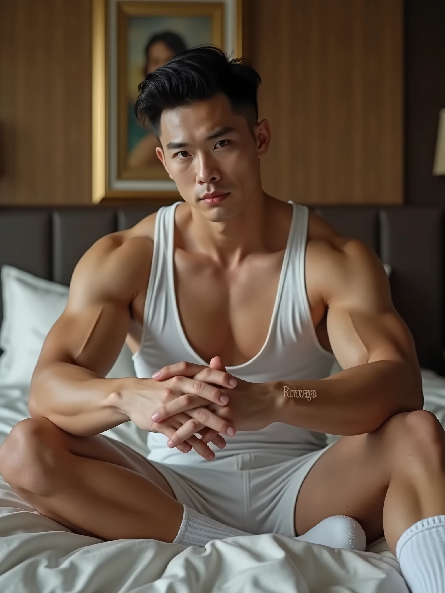 there is a man that is laying down on a bed, photorealistic perfect body, Realistic. Cheng Yi, realistic shadow perfect body, South Korean male, Asian male, Naked full body erect :: High detail, handsome stunning realistic, Attractive body, Realistic body, smooth body features