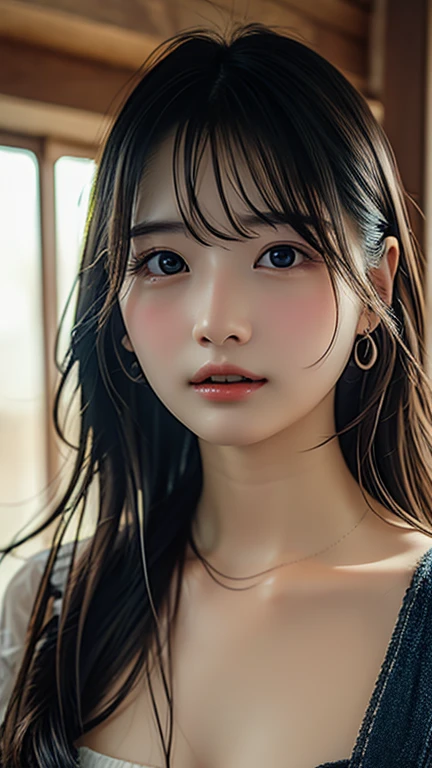 Random posture,1Girl,flirting,beautiful,lip,realisitic,a photo of_\(medium\),soio,(Masterpiece),(realisitic:1.3),The ultra-detailliert,(High Definition Skin:1.2),(Best Quality:1.0), (The ultra-Highres:1.0), (ulzzang-6500:0.3), beautiful and clear eyes, delicate necklace,sunshine, (Delicate makeup is beautiful), (Sexually aroused blush, heavy breathing,:1.0) , Mix 4, s whole body, Black dress