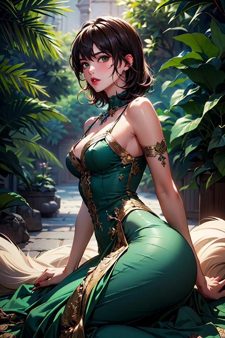 ((masterpiece, best quality, ultra-detailed, high resolution, extremely detailed CG, super detailed, Beautiful human body modeling, Most beautiful clean lighting)), yard background, backgroun with a foutain and hedges, 1 small woman, full body, seductive face, blushing, siren eyes, fox eyes, mean eyes, tsundere, beautiful eyes, small chest, enticing, extremely detailed face, adult face, green emerald eyes, foxy mature eyes, adult milf eyes, extremely detailed eyes, eyeliner, long eyelashes, full lips, brown hair, straight hair, straight bangs, shoulder length hair, hair cut at her shoulders, medium length hair, medium short hair, hourglass body, large hips, big butt, fat ass, thick thigs, pierced ear, piercing on ears, pretty hands, perfect hands, detailed hand, green nails, green royal dress, green royal lingerie, gold jewellery, elegant, looking at viewer, romantic atmosphere, seductive look, shy, defenseless, feverish