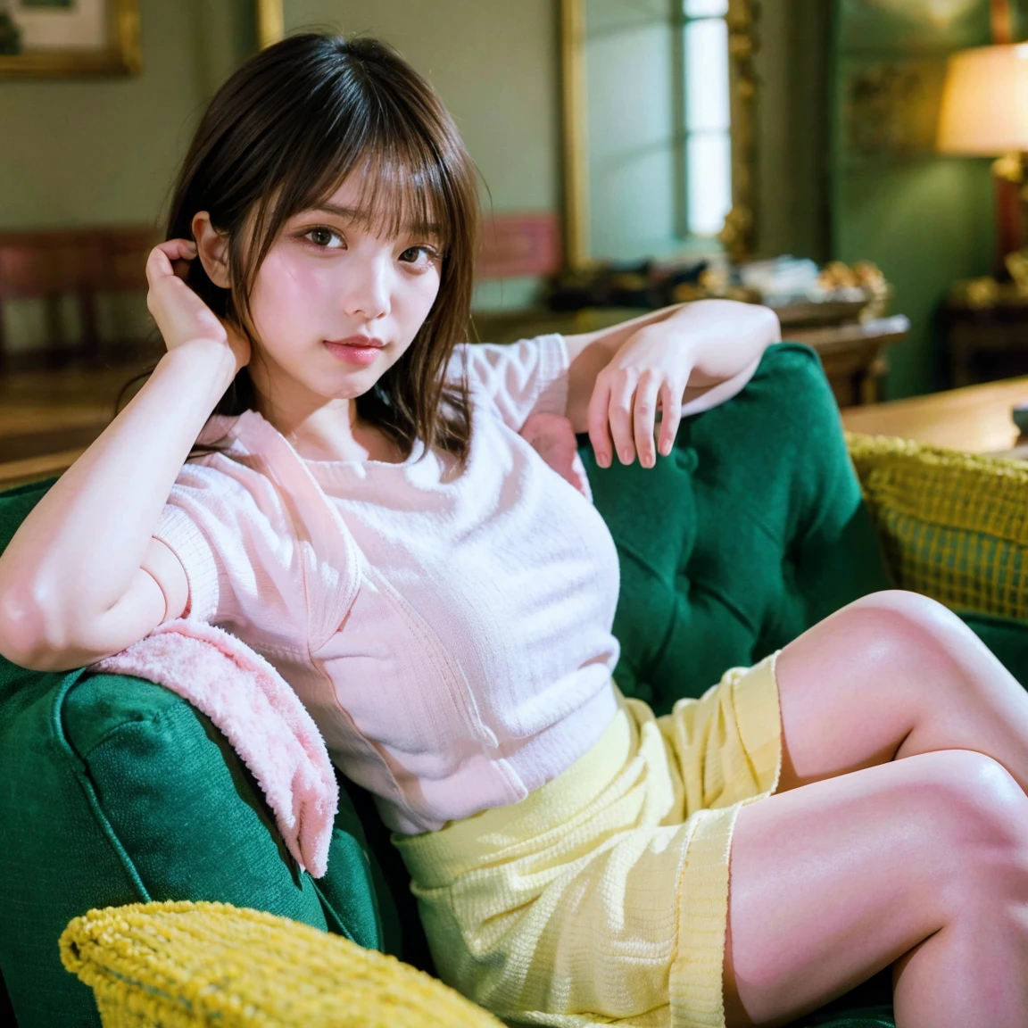 highest quality, 8k, masterpiece,Japanese woman, 20 years old, wearing a knit short sleeves, wearing a tight skirt, bob hairstyle, good style, smiling, legs are crossed, natural light, round face, big breasts, looking at you, sitting on the sofa