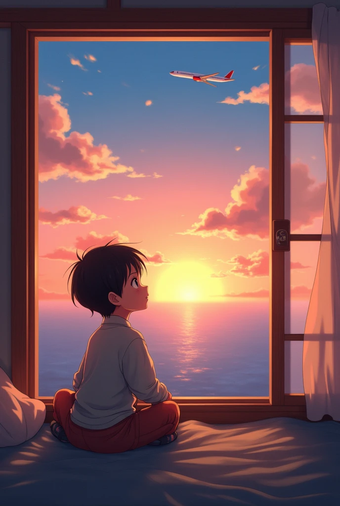 A 12 year old boy sit in the wall and the background is sunset
Add a room and he will sit at window 
Add a realistic sunset
