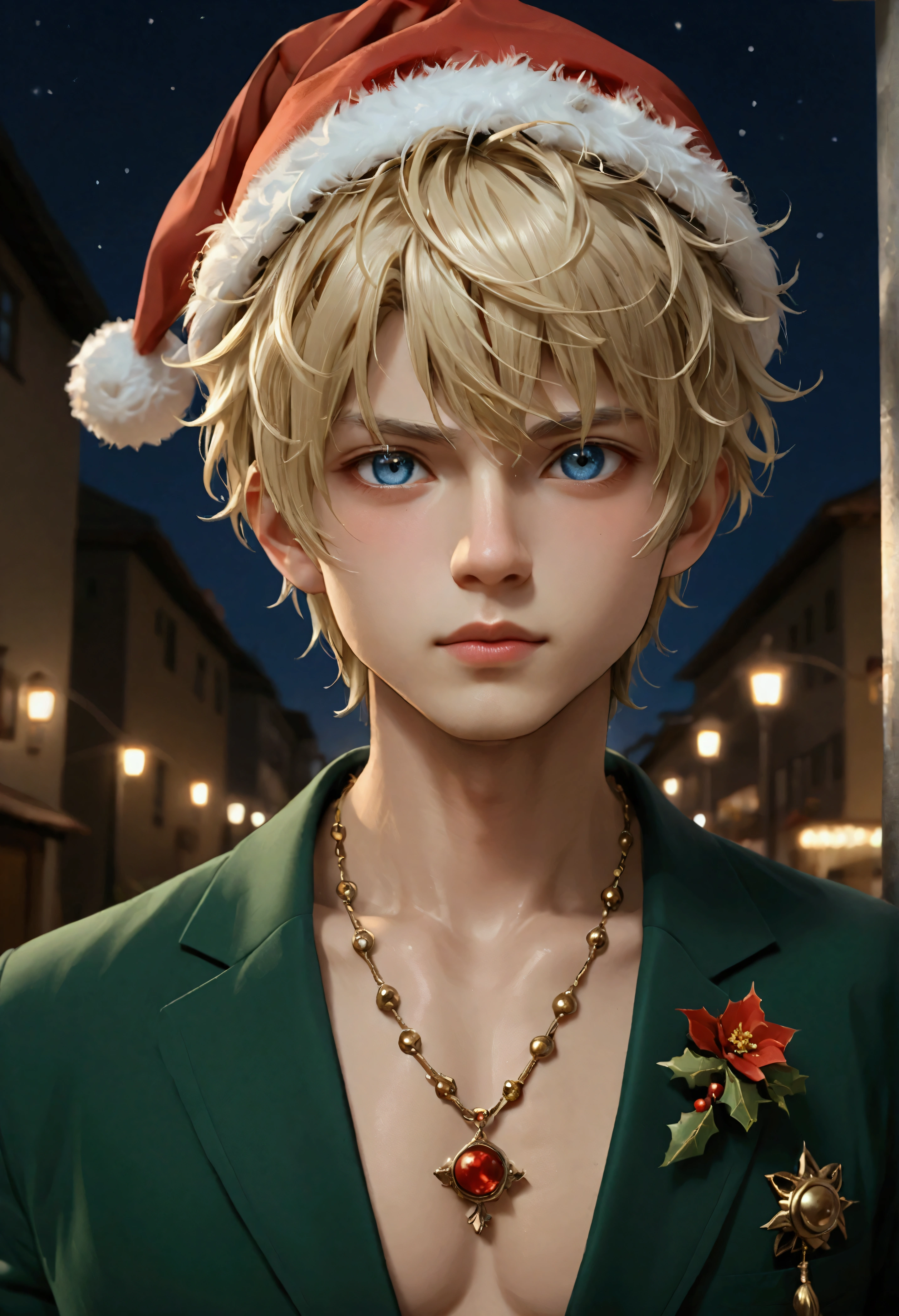 a young man holding two double bartels with a chrismast decoration on the gun and with a short blonde hair blue sharp eye and with white bangs and wearing a lester coat that is the santa claus version kita din yung nya and wearing a necklace and the name Granger is written and with background soldiers in chrismast outfits and with chrismast lights yung Baril naka tutok yung puti sa bangs nya po at yung name sa necklace  medyo naka trim yung buhok yung puti sa bangs po na parang highlight palagay po