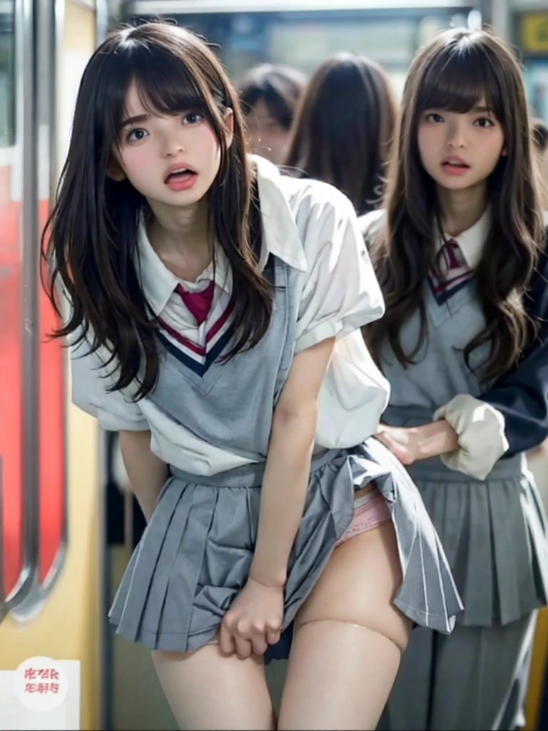 (8k, RAW photo, highest quality, masterpiece: 1.2), super detail, super resolution, (realistic, real photo: 1.37), distant camera, high resolution RAW color photo, real human, female gesture, beautiful leg highlights, very realistic, super high-quality, 8k wallpaper, amazing details, correct human structure, human body based on anatomy, very detailed beautiful girl, very detailed face very detailed eyes, Very realistic skin, very detailed fingers, very detailed nose, very detailed mouth, very delicate limbs, anatomical body perfect anatomy, very detailed background, very detailed clothes, teen, cute girl, famous Japan idol, cute, realistic body, slender, white skin, radiant skin, slim body, long straight hair, (dull bangs: 1.2), realistic face, delicate eyes, double eyelids, sailor suit, on the train after school, Beautiful thin legs, back, buttocks, protruding, crawling on all fours, standing back, angel smile, the cutest face in the world, human style, faithful to human structure, proofreading of frolicking woman, everyday life of a schoolgirl, , red ribbon, sexy legs, emphasizing femininity, blue chess skirt, delicate skirt, stretch legs, beautiful elongated legs, elongated beautiful legs, precise anatomy, , sexy and very embarrassing figure, short skirt, lesbian, kissing, human skin sensation, masturbation, face, correct limb orientation, limbs based on anatomy