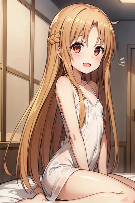 ((Highest quality)), ((masterpiece)), (be familiar with), Perfect Face, indoor, Bedroom, Watching the audience,
One woman, Yuuki Asuna,
Open Mouth, Ecstatic expression, blush, smile,
Small breasts, Flat Chest, , , child, Girl,
Long Hair, Long Hair,
Leg spread,