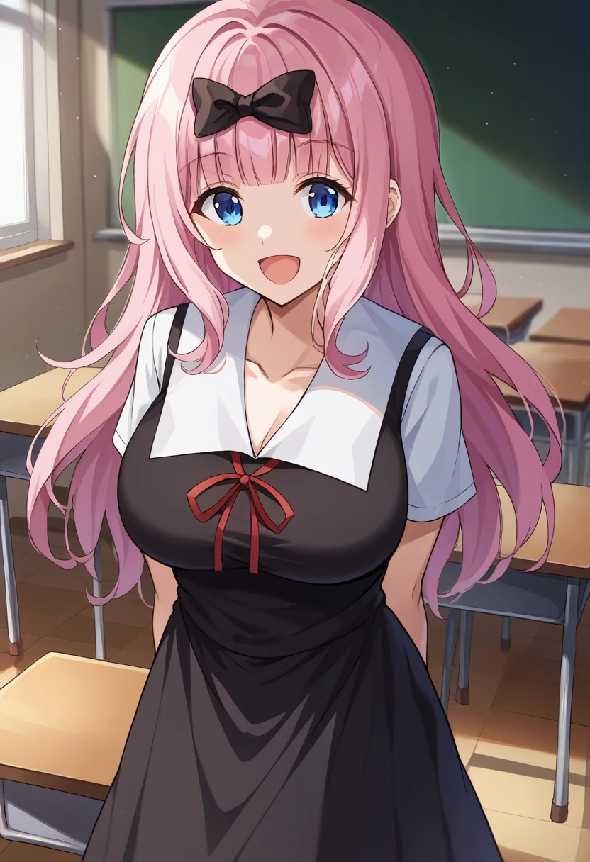 score_9, score_6_up, source_アニメ, 1girl, 独奏, classroom, chika, Blue eyes, pink hair, hair bow, black bow, black dress, white sailor collar, neck ribbon, red ribbon, short sleeves, white shirt, smile, open mouth,Huge breasts 、Stand in front with hands clasped behind back、Accentuate your breasts