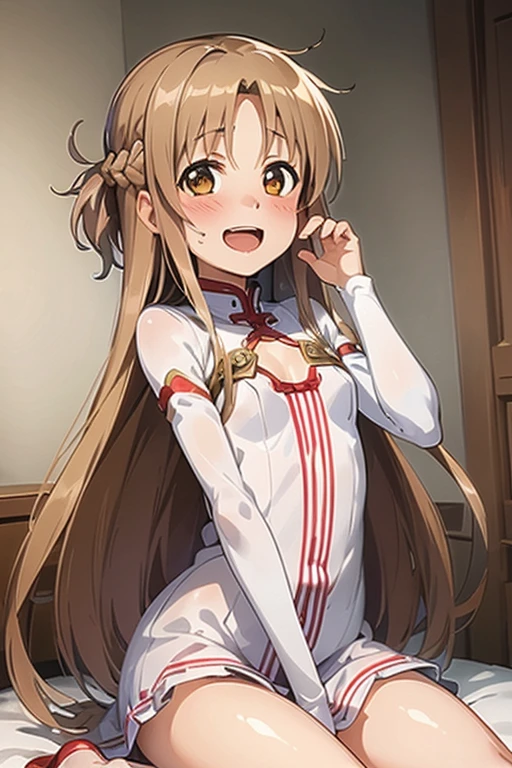 ((Highest quality)), ((masterpiece)), (be familiar with), Perfect Face, indoor, Bedroom, Watching the audience,
One woman, Yuuki Asuna,
Open Mouth, Ecstatic expression, blush, smile,
Small breasts, Flat Chest, , , child, Girl,
Long Hair, Long Hair,
Leg spread,