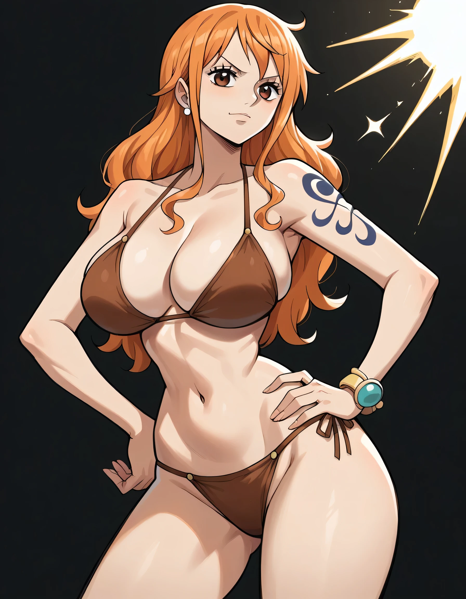 Masterpiece, best quality, Masterpiece, best quality, 1 woman, Nami , long orange hair , sly face , brown bikini , big breasts , abdomen , Put your hands on your hips.. , thighs , black background