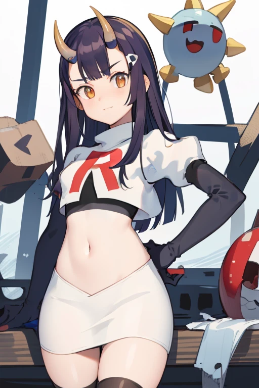 masterpiece, detailed, high quality, absurdres, onigiri1, 1girl, solo, oni horns, small breasts, curvy, see-through, cowboy shot, team rocket,team rocket uniform,white skirt,red letter R,crop top,black thigh-highs,black elbow gloves,