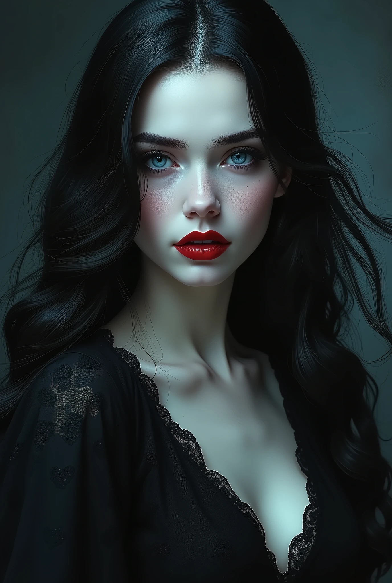 a sexy girl with a punk-gothic appearance and long hair, in the streets of the city of vampires:1.5 (art inspired by Bill Sienkiewicz, oil painting) black and white image (best quality,4k,8k,highres,masterpiece:1.2),ultra-detailed,(realistic,photorealistic,photo-realistic:1.37),intricate details,vivid colors,sharp focus,professional,Dave McKean artwork, oil touch of surrealism,oil painting style,portrait,woman,beautiful detailed eyes,beautiful detailed lips,dreamlike atmosphere,shadow play,soft lighting,playful pose,dark hues,ethereal background,fantasy elements,texture,layered composition.