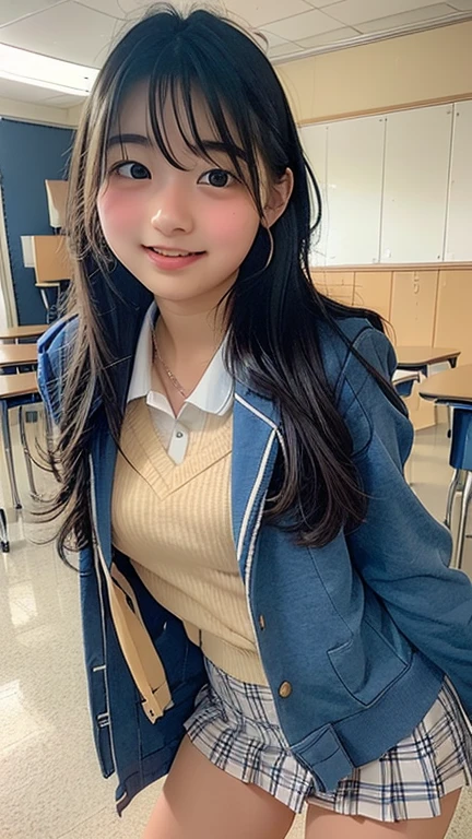 (8k, RAW Photos, Realistic: 1.25), (Partially gray hair, Cherry colored natural lips, Thin eyebrows, eyelash, tears, Snap Bang, Shining Face, Shiny skin, highest quality, Ultra-high resolution, Written boundary depth, chromatic aberration, Caustics, Wide Lighting, Natural Shading, Neat and clean Japan woman, ,Glasses, kind, Beautiful black hair, smile, Small devil, Show me your ears、photo shoot, Cute face, Thighs, After-School Classes, Film Grain, chromatic aberration, Sharp focus, Face Light, Bright lighting, 10 generations, Detailed face, Background Blur、((((((15 years old絶対にGlassesをかけている, Very large breasts, Slender body, Sailor suit、Navy blue mini skirt、White socks, Black Loafers, Realistic and detailed school library, Reading a book in the library, 