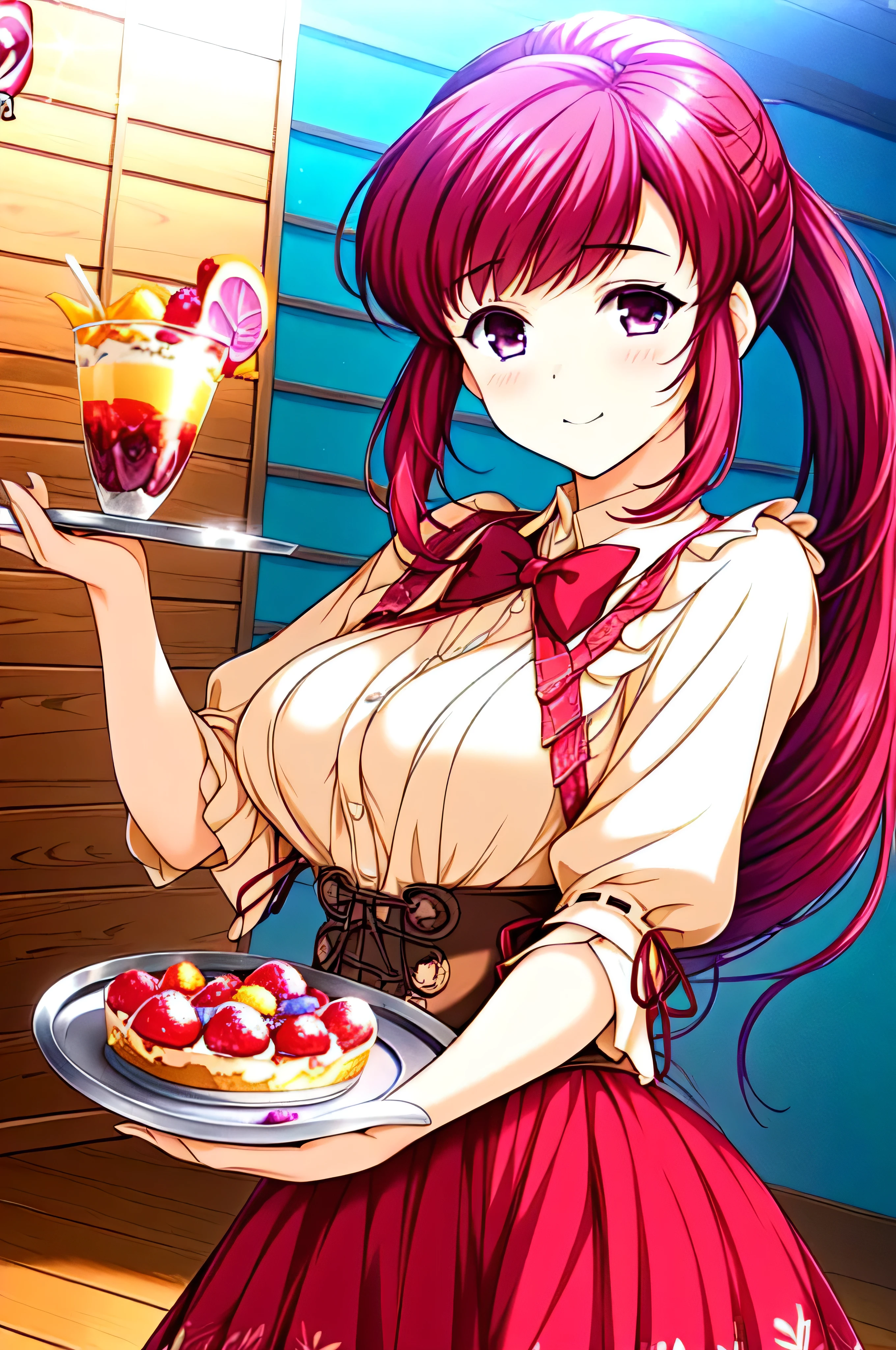 asamikei, (masterpiece, Highest quality, beautifully、aesthetic:1.3), (teenager), ((1girl), (alone)), cute smile, open mouth, blush, lively look, (Silvery medium-violet-red hair with reddish magenta streaks:1.4), (Gradient medium-violet-red hair tip:1.6), hair, Ridiculously long hair, Single Side Lock, ((high ponytail:1.3)), Wavy Hair, Shiny Hair, Floating Hair, (Deep red eyes), Delicate eyes, red eyes, Very fine eye, lively eyes, Long upper eyelashes, compensate, Focus on the face, Very detailed facial, Pretty face, Perfect breasts, Hot body, (Delicate skin texture:1.2), BREAK,(((pia3_paroparo_outfit:1.5)), waitress), restaurant,((She is smiling very cutely and holding out a tray with a fruit parfait in her hand to the viewer in a very sexy way:1.4)), Very detailed, (Accurate fingertips:1.1, Browse 4, Thumb 1), (gravure:1.1, cinematic angle:1.3)