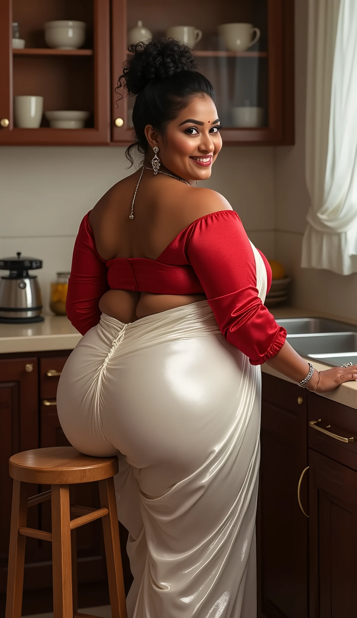 40 year old indian married women looking at the viewer, wearing shiny glossy and reflective finish polyester plus size transparent white silk long sari and red silk blouse , big Fat ass,wide hips,Big thighs, scooped Big breast, Voluptuous Body,fat wide ass ,messy bun, lipstic, smiling face,strap high heels, Jewellery, sitting on a stool in kitchen, ornaments, white skin tone, clean skin, (a quarter side view),big bulging ass, huge booty, curvaceous hourglass figure,thin tiny stomach,two black nigerian six pack boys kissing her from both sides,