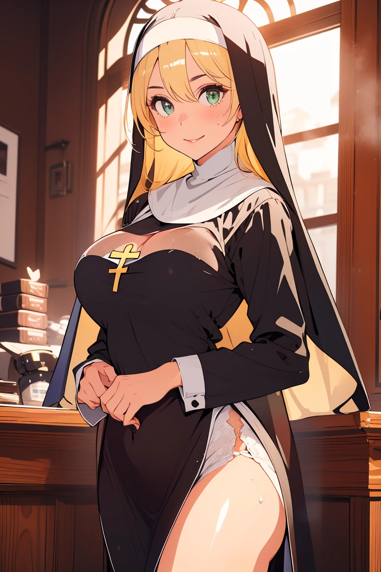 8k, cowboy shot, visual anime of a cute girl, best anime girl, Ecchi anime style, BREAK, seductive lady, (((long blonde hair, shiny hair ))), detailed eyes and face, Defined tabs, eyeshadow, crystal clear eyes, detailed lips, beautiful detailed eyes,  ojos color azul claro big breasts, tits, voluptuous, light visible, BREAK,   green eyes, by rubio, long shiny hair, big breasts, High resolution, beautiful detailed eyes, extremely detailed face, good lighting, Detailed CG, bright lips, BREAK, (((wearing a black nun&#39;s habit))), ((big cleavage round breasts)), black miniskirt,  black high heel sneakers, Black sheer tights, light, wet between the legs, wet on the breasts,  white panties, sweaty skin, in dynamic pose, smiling seductively at the viewer,  round butt, buttocks, turned,  BREAK, Smooth texture, thighs, feminine curves, perfect anatomy, Round tight ass and small crotch, Beautiful leg lines:1.3, thick thighs,  BREAK,  in a convent with stained glass windows. 