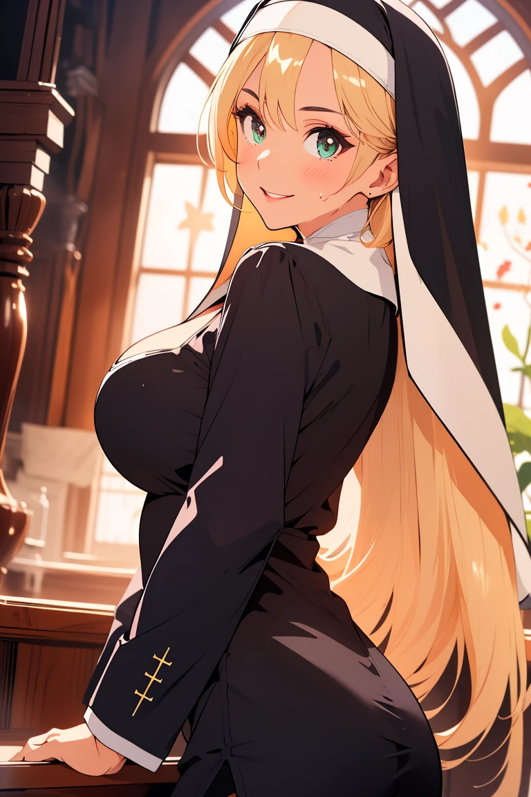 8k, cowboy shot, visual anime of a cute girl, best anime girl, Ecchi anime style, BREAK, seductive lady, (((long blonde hair, shiny hair ))), detailed eyes and face, Defined tabs, eyeshadow, crystal clear eyes, detailed lips, beautiful detailed eyes,  ojos color azul claro big breasts, tits, voluptuous, light visible, BREAK,   green eyes, by rubio, long shiny hair, big breasts, High resolution, beautiful detailed eyes, extremely detailed face, good lighting, Detailed CG, bright lips, BREAK, (((wearing a black nun&#39;s habit))), ((big cleavage round breasts)), black miniskirt,  black high heel sneakers, Black sheer tights, light, wet between the legs, wet on the breasts,  white panties, sweaty skin, in dynamic pose, smiling seductively at the viewer,  round butt, buttocks, turned,  BREAK, Smooth texture, thighs, feminine curves, perfect anatomy, Round tight ass and small crotch, Beautiful leg lines:1.3, thick thighs,  BREAK,  in a convent with stained glass windows. 