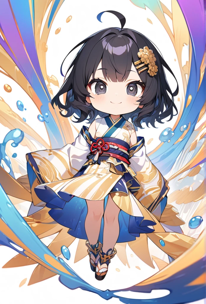 female child, , glad, smiling, looking at viewer, hime cut, ahoge, wavy hair, black hair, black eyes, big eyes, fair skin, chibi, A kimono based on gold and white stripes with a Splashes pattern, Japanese hairpin, white background, masterpiece, best quality, detailed, ultra detailed, hyper detailed, insanely detailed, exquisite, beautiful, Full-HD, 16K, cute, fantasy, vibrant academia, anime, 2d anime, chibi anime, icon, soft lines, soft surface, simple line drawing, full body shot, front view, best light, fast shutter speed, depth of field, highly saturated colors, vibrant colors, pale colors, best hand