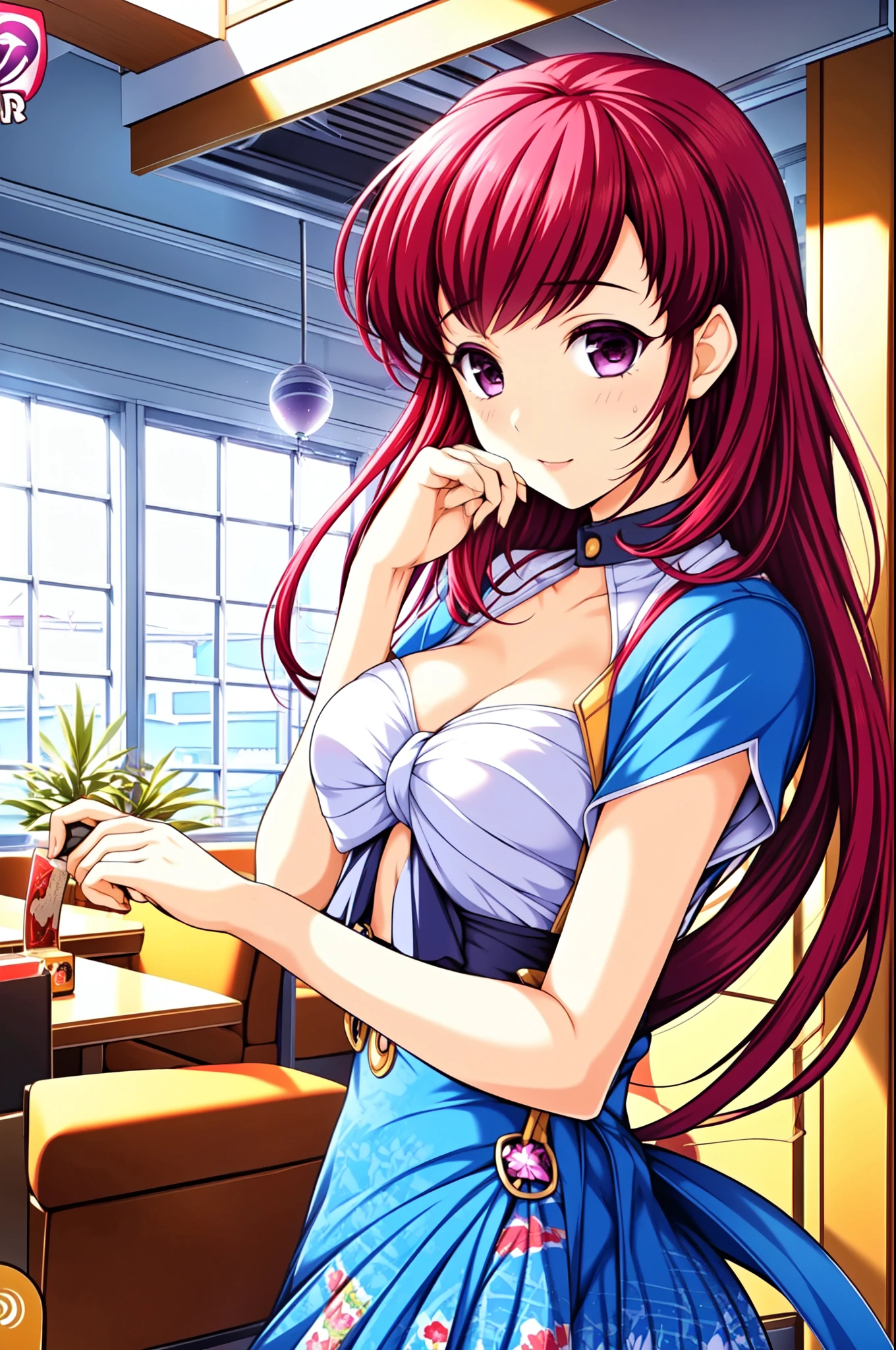 asamikei, (masterpiece, Highest quality, beautifully、aesthetic:1.3), (teenager), 1girl, alone, cute smile, (Silvery medium-violet-red hair with reddish magenta streaks:1.4), (Gradient medium-violet-red hair tip:1.6), hair, Ridiculously long hair, Single Side Lock, Wavy Hair, Shiny Hair, Floating Hair, (Deep red eyes), Delicate eyes, red eyes, Very fine eye, 
lively eyes, Long upper eyelashes, compensate, Focus on the face, Very detailed facial, Pretty face, Perfect breasts, Hot body, (Delicate skin texture:1.2), BREAK, ((pia3_tropical_outfit:1.1), waitress), restaurant, Are standing, ((Accurate fingertips:1.1, Browse 4, Thumb 1)), Very detailed,